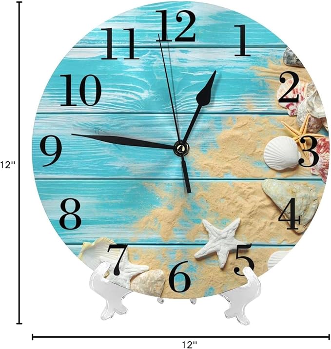sea Shells Wooden Board Background Wall Clock Battery Operated Silent Round Clock Wall Decor for Home Office School, 12 Inch