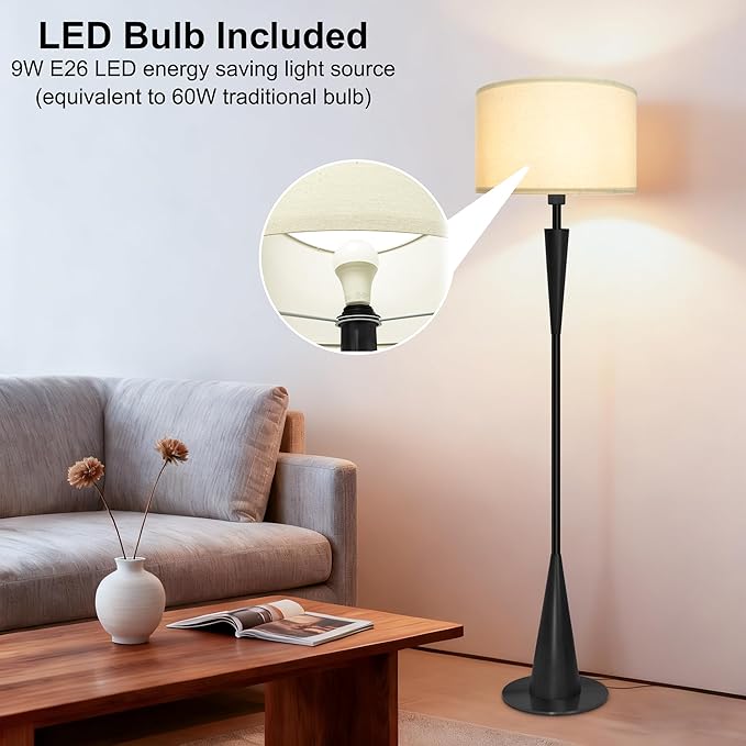 Floor Lamp for Living Room, Wood 3 Color Temperatures & Linen Shade, Modern Reading Standing Lamp with 9W LED Bulb, Mid Century Night Light for Farmhouse, Bedroom, Office, Black