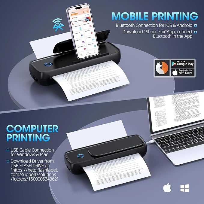 Aixiqee Portable Thermal Printer, Wireless & Bluetooth Mini Inkless Printer for Travel, Office, Home, Supports 8.5x11inch, Compatible with iPhone, Android, Laptop