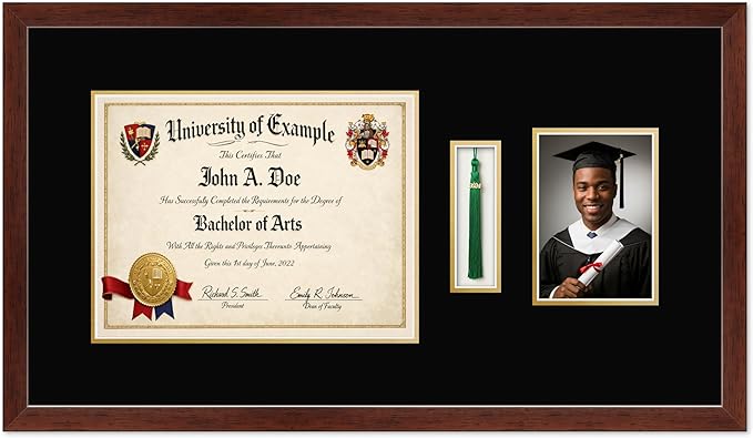 CountryArtHouse Diploma Tassel and Photo Shadowbox Fits 13 x 10 College Diploma (Traditional) with Tassel Rustic Walnut Genuine Hardwood with Black Over Metallic Gold Double mat