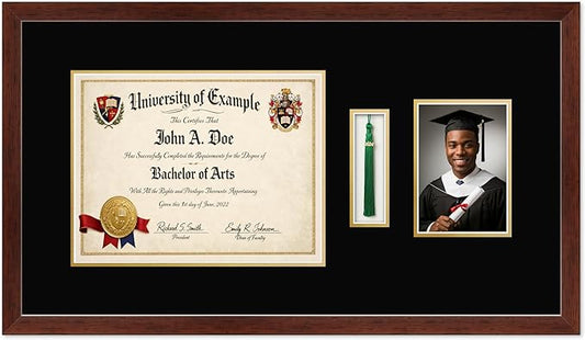 CountryArtHouse Diploma Tassel and Photo Shadowbox Fits 13 x 10 College Diploma (Traditional) with Tassel Rustic Walnut Genuine Hardwood with Black Over Metallic Gold Double mat