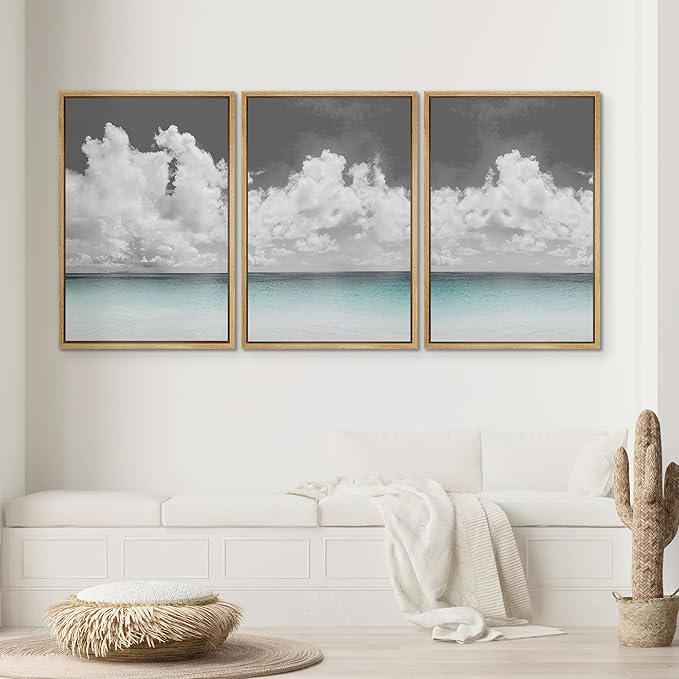 SIGNWIN 3 Piece Framed Canvas Wall Art Clouds Above The Blue Ocean Nature Wilderness Illustrations Abstract Traditional Relax/Calm Home Artwork Decoration for Living Room,Bedroom - 24"x36"x3 Natural