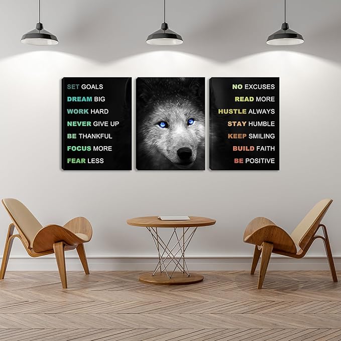 Azrosap Motivational Office Wall Art Wolf Wall Art 3 Piece Black Wall Decor Inspirational Black Positive Sayings Print Pictures Canvas Art for Women Men Framed Poster Artwork for Office (60" Wx28 H)