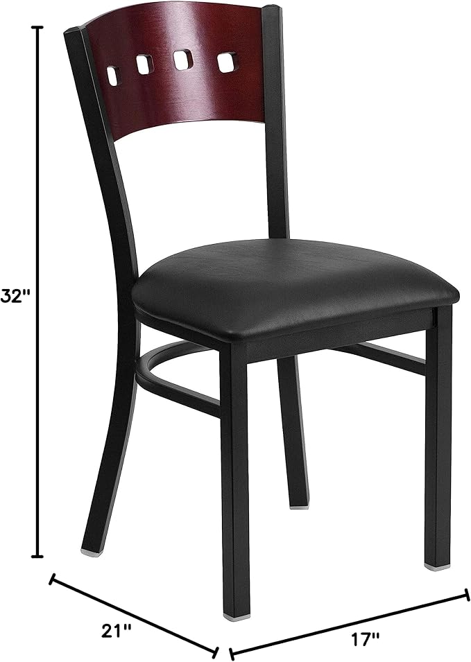 Flash Furniture 2 Pk. HERCULES Series Black 4 Square Back Metal Restaurant Chair - Mahogany Wood Back, Black Vinyl Seat