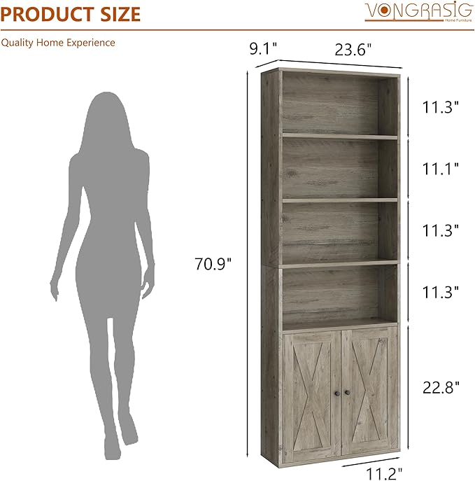 Vongrasig 6-Tier Open Bookcase and Bookshelf with Doors, Floor Standing Farmhouse Display Storage Shelves 71 Inch Wood Tall Bookcase for Home Office, Living Room, Bed Room, Ash Grey