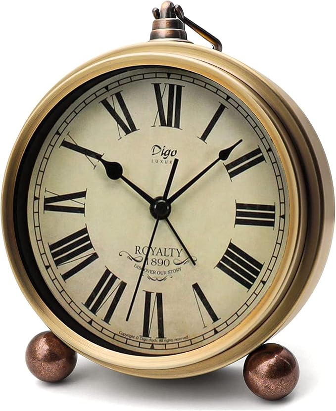 Maxspace Metal Golden Table Clock, Retro Vintage Non-Ticking Small Alarm Clock,Battery Operated Silent Quartz Movement HD Glass Desk Clock for Bedroom Living Room Indoor Decoration Kids… (Roman2)