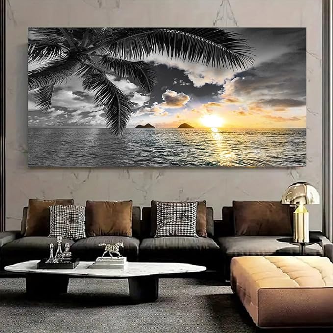 Bamdeya Wall Decor Bedroom Black and White Beach Wall Art Palm Sunset Seascape Pictures Wall Art Living Room Canvas Prints Art Ocean Room Decor Poster Painting Home Office Decoration Scenery Artwork