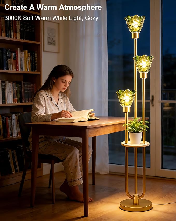 3-Light Modern Glass Floor Lamp with Shelf, Gold Tall Standing Lamp with Green Flower Glass Shade, LED Floor Lamp with Foot Switch for Living Room Bedroom Home Decor, Bulb Included