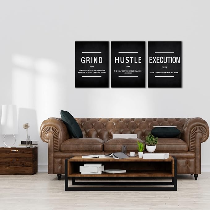 BWSPACE Grind Hustle Execution Wall Art Motivational Wall Decor Office Wall Decor Pictures Posters 3 Pieces Framed Canvas Wall Prints Artwork Home Gym Ready to Hang (48" W x 24" H, GRIND)