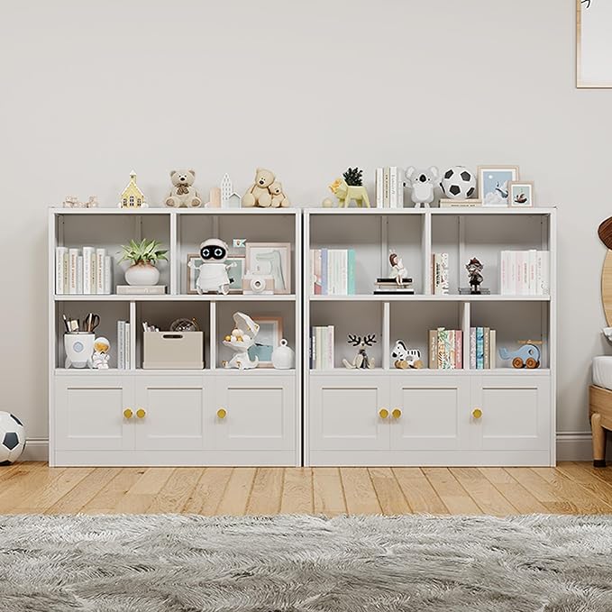 Kids Bookshelf and Toy Storage Organizer with 3 Cabinet and 5 Open Cubbies，Kids Toys Storage Organizer Shelf with Corner Guard，Multifunctional Floor Chest for Playroom and Kid's Room（White）