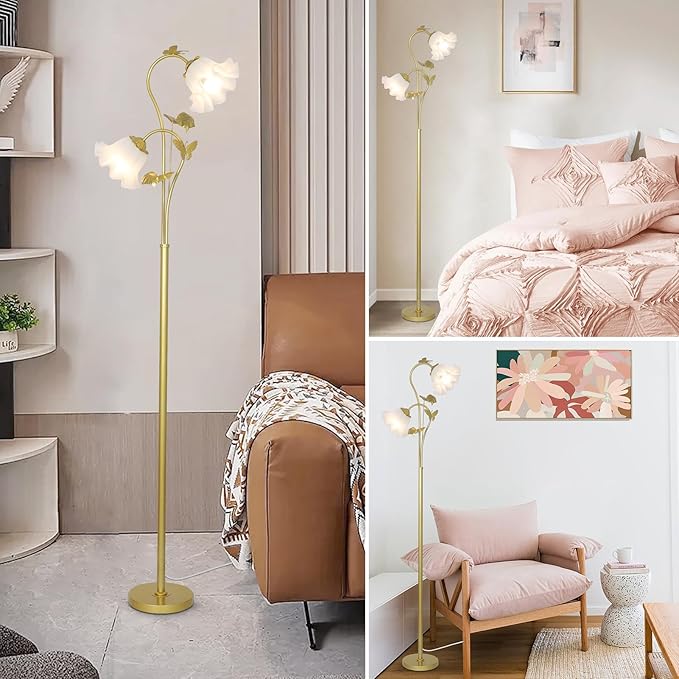 HMVPL Gold Floor Lamp for Living Room, Flower Standing Lamp with 2 LED 5W Blubs, Foot Switch, Floral Tall Lamp with Acrylic Shade, Antique Lotus Flower Floor Lamp for Living Room Office Reading