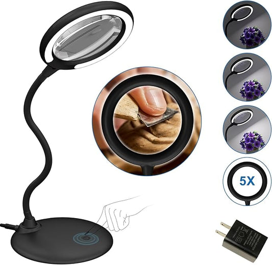 Magnifying Glass with Light and Stand, 5X Desk Magnifying Lamp, Table Magnifier Lamp for Senior Close Work Reading Crafts