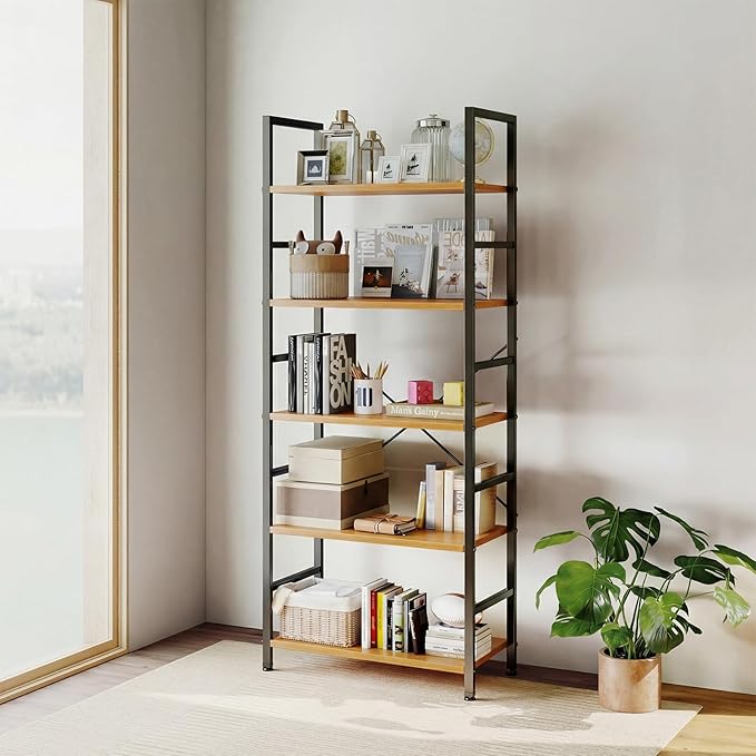 DUMOS 5 Tiers Bookshelf, Classical Book Shelf, Tall Display Shelves in Living Room/Home/Office, Storage Organizer for CDs/Books/Movies, Wood