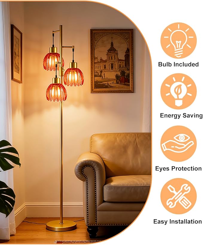 Lightdot 65'' Glass Floor Lamp Dimmable Gold with Deep Red Lotus Glass Shade & 3000K Bulbs Included 3-Lights Modern Tall Standing Lamp for Living Room/Bedroom/Sofa Beside/Corner Decor