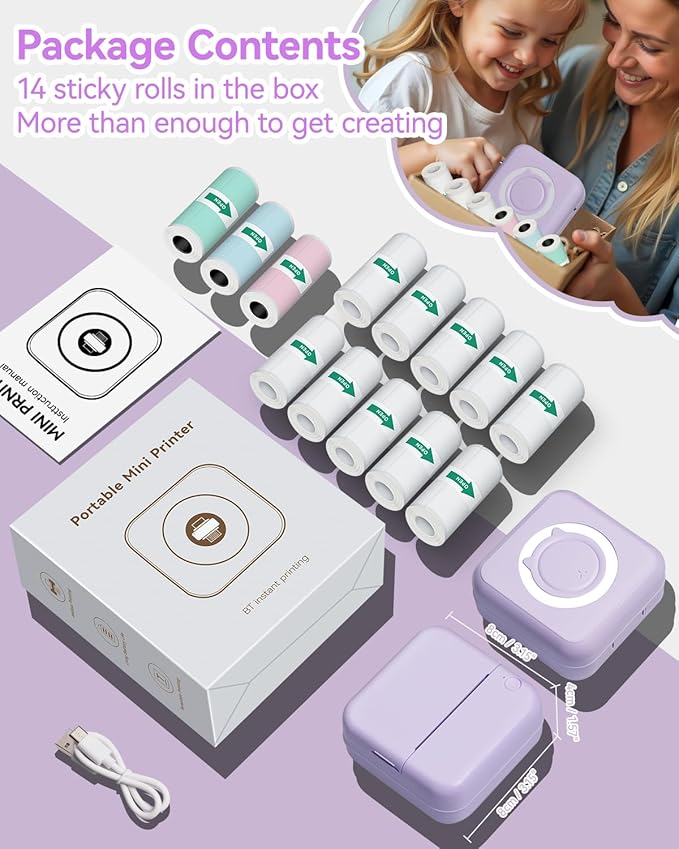 Aptika Mini Thermal Printer with 14 Rolls Sticky Papers, Wireless Bluetooth Photo Printer, Portable Label Maker Machine with Tape, Small Compact Picture Maker for Student Kid, Purple