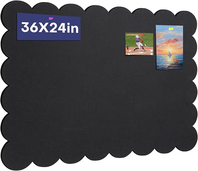 Scalloped Felt Bulletin Board, 36 x 24 Inches Foldable Pin Cork Board with 20 Pushpins - Decorative Cork Alternative for Wall, 3' x 2' Trifold Picture Self Adhesive Vision Prayer Board - Black