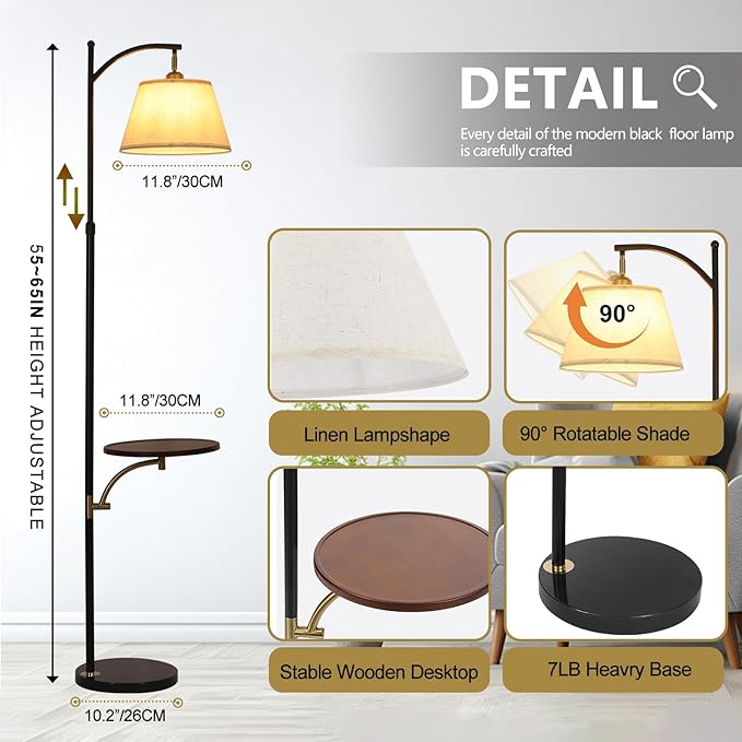Floor Lamp with Table for Living Room, Tall Floor Standing Lamps with Shelves, Height Adjustable Lamp Table Combo, Dimmable Corner Rustic Lamps with Tray for Bedroom Office, Bulb Included (Linen)