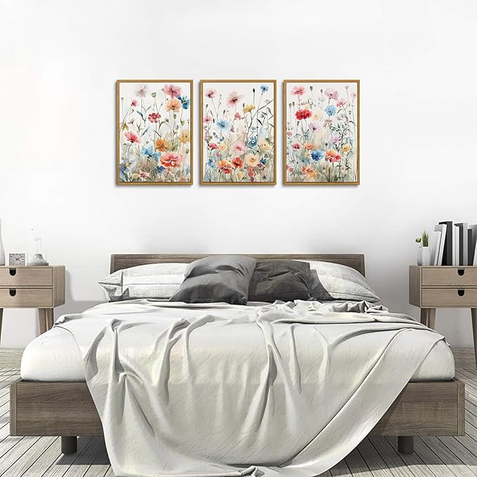 KISSFOX Colorful Wildflower Canvas Wall Art Set Of 3 Flowers Pictures Prints Flowers Printing Floral Watercolors Flower wall Decor Living Room Girls Bedroom Bathroom (Grey Blue, 12"x16" Natural Framed, Framed)