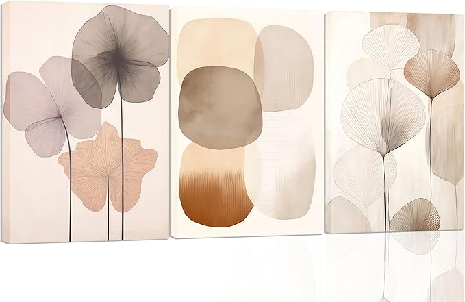 3pcs Neutral Beige Wall Art Abstract Botanical Canvas Prints Modern Simple Flower Paintings Poster Wabi-sabi Geometric Wall Decor Boho Plant Pictures For Bedroom living room Framed