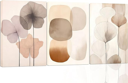 3pcs Neutral Beige Wall Art Abstract Botanical Canvas Prints Modern Simple Flower Paintings Poster Wabi-sabi Geometric Wall Decor Boho Plant Pictures For Bedroom living room Framed