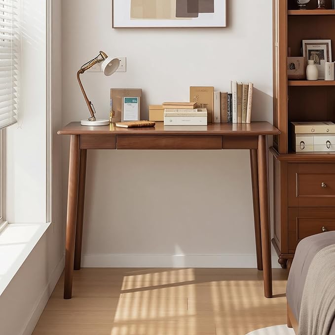 Solid Wood Desk with Drawers, Wooden Computer Desk for Home Office, Gaming Study Desk for Small Spaces, Writing Work Desk for Bedroom,Easy Assembly (Walnut Color 39.4 inch)