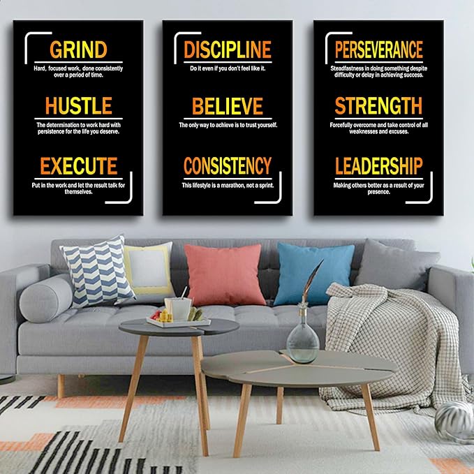 3 Pieces Motivational Entrepreneur Quotes Inspirational Canvas Wall Art Picture Painting Hustle Believe Strength Poster Print for Living Room Office Gym Wall Decor Ready to Hang [72''Wx36''H]