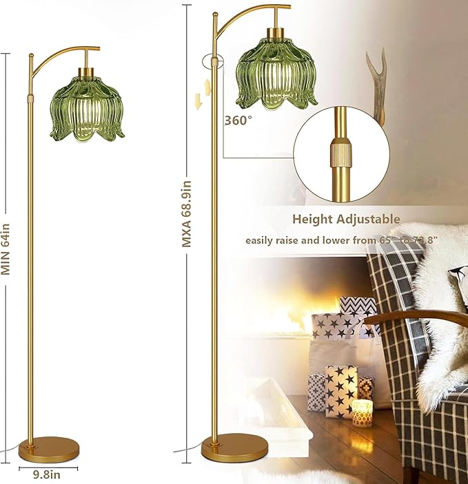 Glass Floor Lamp for Living Room,Bedroom,Gold Mid Century Modern Standing Lamp with Remote,Dimmable Brass Tall Lamp Vintage Tulip Green Arc Flower Floor Light Boho Bohemian
