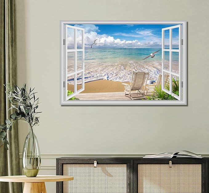 Large Beach Pictures Wall Art Canvas Print Artwork Blue Ocean Seascape Window frame Decor Living Room Bedroom Office 24 x36
