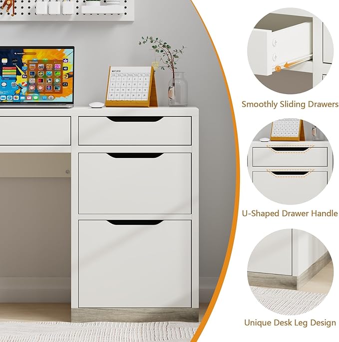 52 Inch White Desk with 4 Drawers, Computer Desk with Storage for Small Spaces with Storage File Drawer, Small Home Office Desk with Drawers for Bedroom