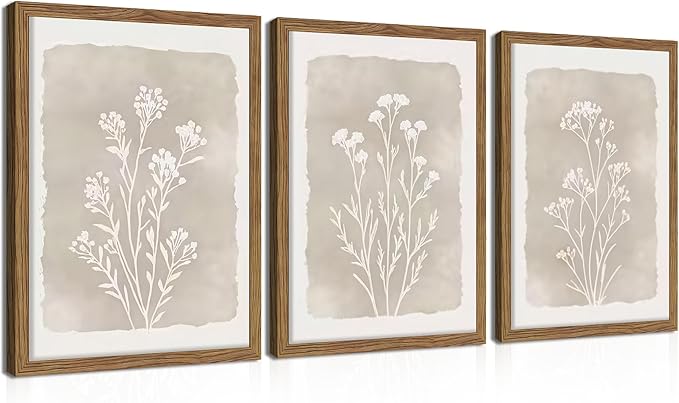 Framed Boho Botanical Flower Wall Art Set of 3, Vintage Minimalist Neutral Floral Wall Decor Paintings, Rustic Farmhouse Wildflower Artwork Prints Picture for Living Room Bedroom Bathroom 12x16 Inch