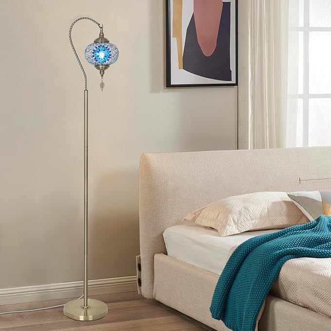 Turkish Moroccan Floor Lamp, Tiffany Lamp with Handmade Mosaic Glass Shade, Bronze Base, Swan Neck Tall Standing Lamps for Living Room Bedroom Corner Light Home Decor, Blue