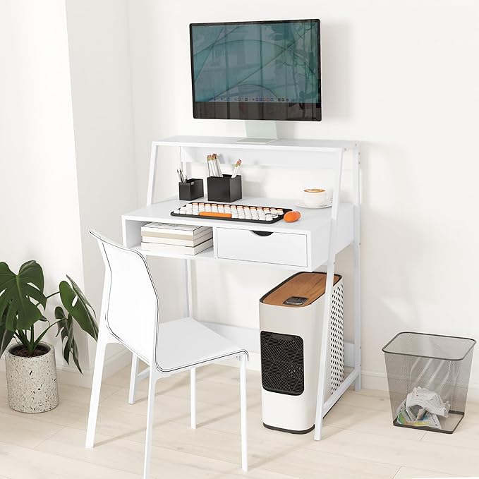 HOMCOM Home Office Desk, Computer Desk with A Frame for Small Spaces, Writing Table with Drawer and Storage Shelves, White