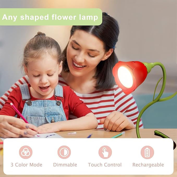 LIYAOLI Cute Cordless Flower Desk Lamp for Girls,Flexible Gooseneck,Rechargeable LED Lamp with USB Charging Port,3 Color Modes & Stepless Dimming, Office Desk Decor