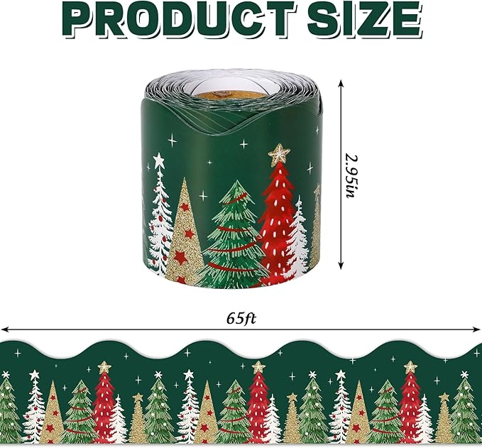 65Ft Christmas Bulletin Board Border Xmas Pine Tree Green Scalloped Die Cut Border Trim Roll for Home Classroom Party Wall Decoration