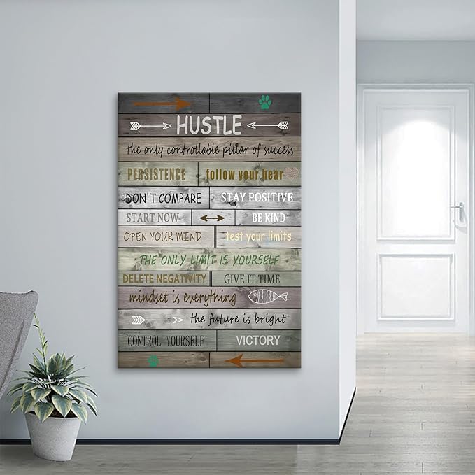 Motivational Canvas Wall Art Inspiration Hustle Sign Pictures Inspirational Quotes Modern Motivation Painting Posters Prints Artwork for Home Office Classroom Decor Framed Ready to Hang [24''Wx36''H]