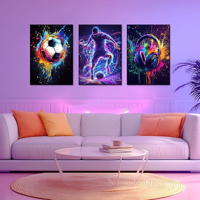 3PCS Soccer Canvas Wall Art Neon Color Splash wall decor pictures with Headphone and Soccer Design Posters Prints for Bedroom Game Room Living Room Boys Room Decor Framed (12inx16in canvas)