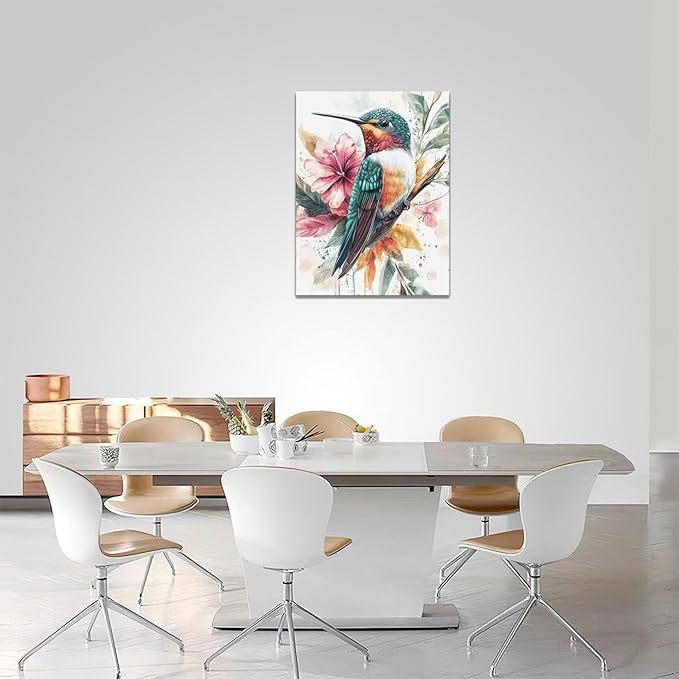 Watercolor Hummingbird Wall Art Country Flower Bird Pictures Wall Decor Colorful Canvas Painting Modern Home Artwork Decorations for Bathroom Bedroom Living Room Office Framed 12"x16"