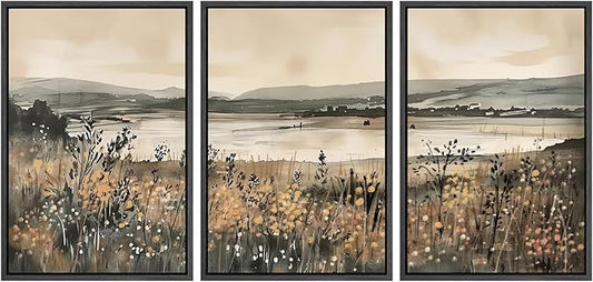 SIGNWIN Framed Canvas Print Wall Art Set Lakeside Meadow Rustic Countryside Watercolor Illustrations Modern Art Decorative for Living Room, Bedroom, Office - 16"x24"x3 Black