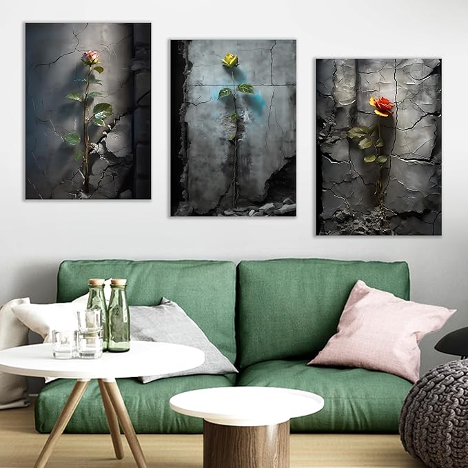 Floral Poster Wall Art Home Decor 3 Pieces Roses Growing in The Cracked Retro Wall Picture Print on Canvas Vintage Theme Painting Artwork for Living Room Office Gallery Ready to Hang [60''W x 28''H]