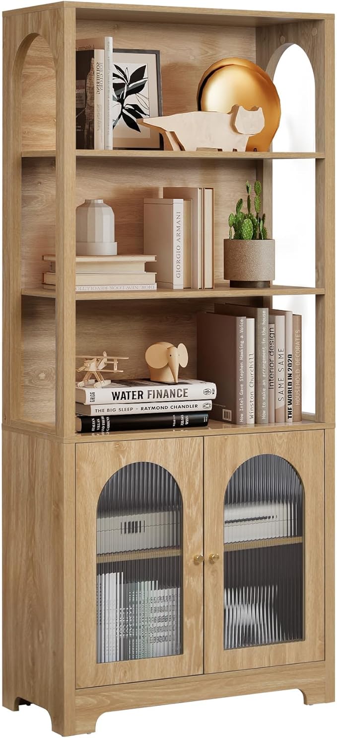 71" Tall Bookshelf with Glass Doors, 5-Tier Bookcase with Storage & Adjustable Shelf, Freestanding Wood Book Shelf Modern Arched Farmhouse Display Cabinet for Living Room, Office (Natural)