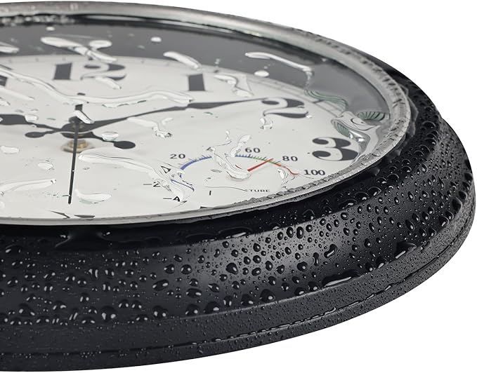 45MinST 13-Inch Vintage Outdoor Wall Clock with Thermometer and Hygrometer, Waterproof, Large Numbers, Silent, for Indoor and Outside Use,Porch,Garden,Pool(Black Frame with Silver Trim)