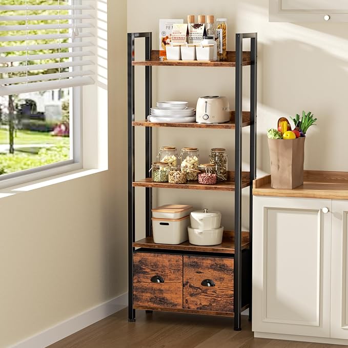 Furologee 5-Tier Bookshelf, Tall Bookcase with 2 Storage Drawers, Industrial Standing Storage Shelf, Wood Metal Display Rack for Living Room Bedroom Home Office, Rustic Brown