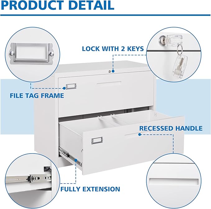 2 Drawer Lateral File Cabinet Metal Filing Storage Cabinet with Lock Office Home Steel File Cabinet for A4 Legal/Letter Size File Cabinet Locked,Assembly Required (2 Drawer, White)