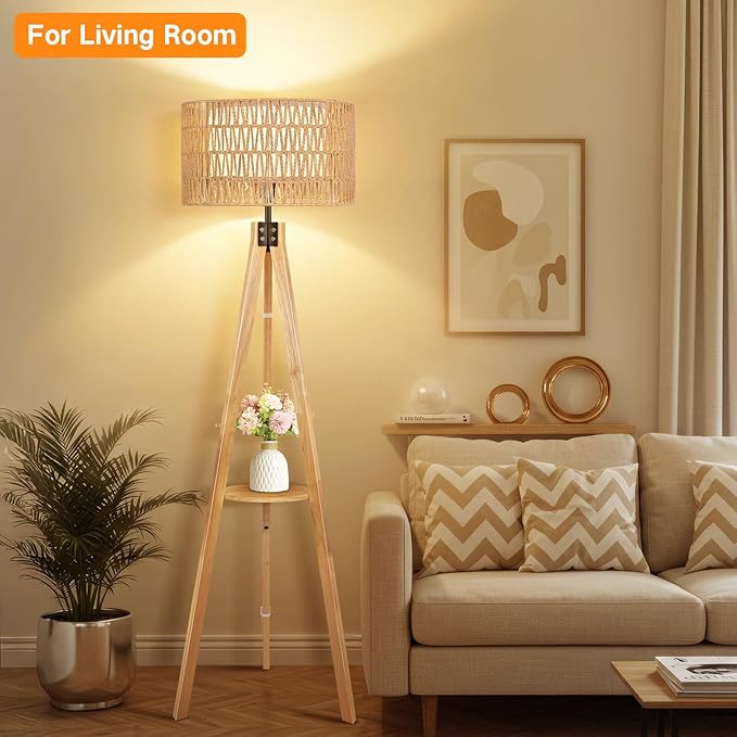 OUTON Boho Rattan Tripod Floor Lamp with Shelves, Remote Control, Dimmable Mid Century Modern Standing Lamp 58.5" for Bedroom, Living Room & Office, Lamp Shade Includes E26 9W Bulb, Wood