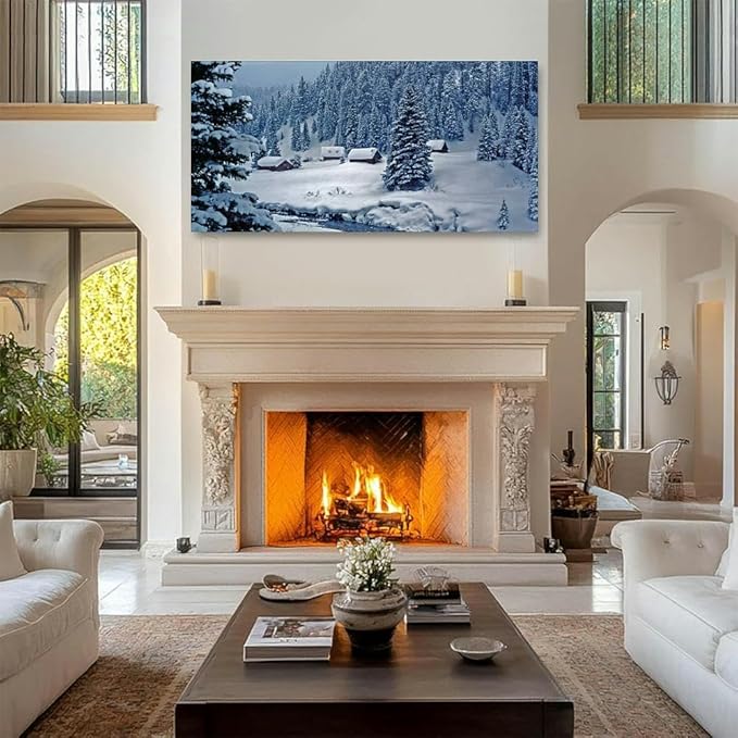 Snowy log cabins ethereal moonlight Canvas Wall Art Large Framed Prints Pictures Wall Decor Posters Painting Artwork for Living Room Bedroom Kitchen Bathroom 24x47