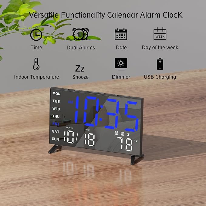 Mirror Digital Loud Alarm Clock with with Date,Indoor Temperature,USB Charging Port,Dimmer,Dual Alarms,Adjustable Volum,12/24H, Snooze, Perfect for Bedroom and Living Room (Black+Blue Digit)
