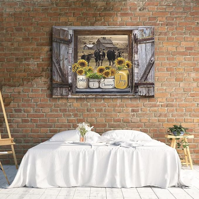 Parylore Sunflower Mason Jars on Rustic Window Wall Art Angus Cows Kitchen Decor Farmhouse Picture Framed Modern Artwork For Living Room Bedroom Home 16x20 In