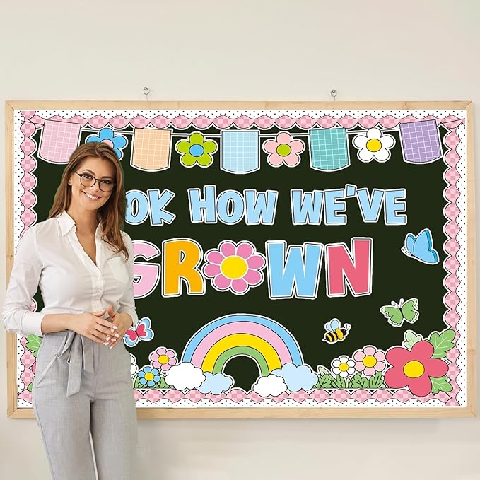 Spring Flower Bulletin Board Decorations Set with Borders Motivational Grow Floral Classroom Decor for Teachers Cute Wildflowers Positivity Cutouts for Class School Classroom Bulletin Board Decoration