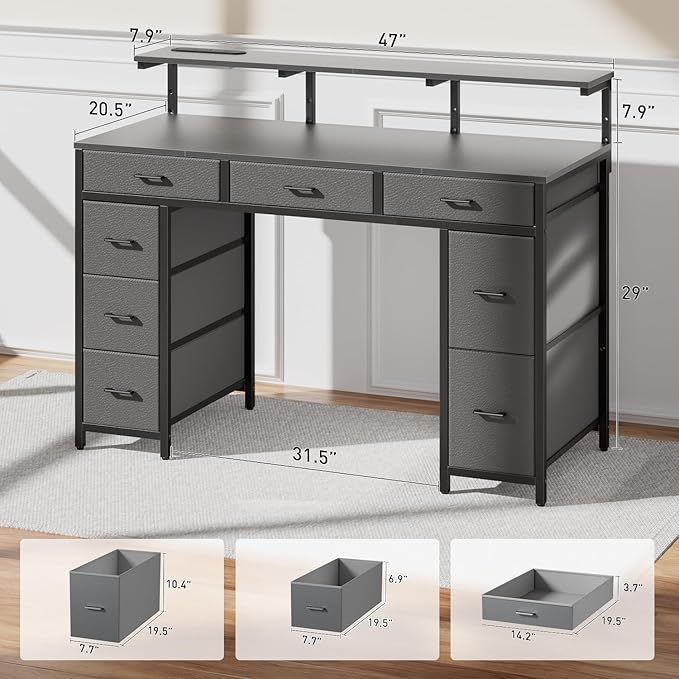 HLDIRECT 47 inch Computer Desk with 8 Storage Drawers, Gaming Desk with LED Lights & USB Power Outlets, Home Office Table with Monitor Stand, Study Writing Work Table for Bedroom, Grey