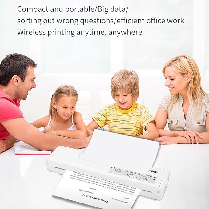 Marhynchus A4 Thermal Printer, Portable Inkless BT Printer with 203DPI High Resolution and 1800mAh Battery, for Office Car Home Use